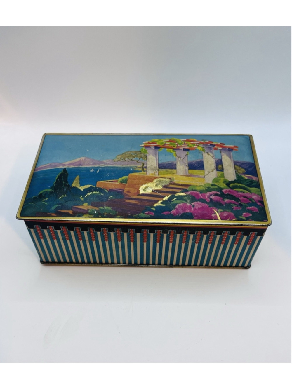 Vintage Canco Art Deco Metal Tin Box Mediterranean Landscape Hinged Stripe Trim
